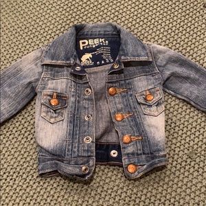 Peek denim jacket 3-6 mo but can fit larger